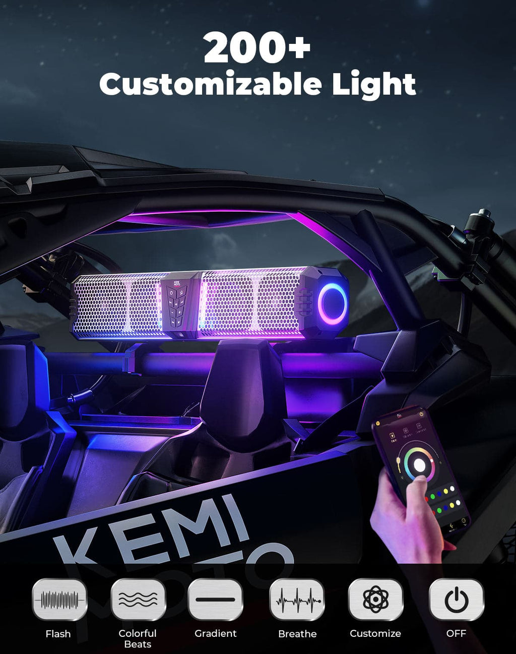 KEMIMOTO Midnight SL60 Gen1.5 Metal 26" RGB UTV Sound Bar for Can-am Golf Cart Marine 1"-2" Roll Bar