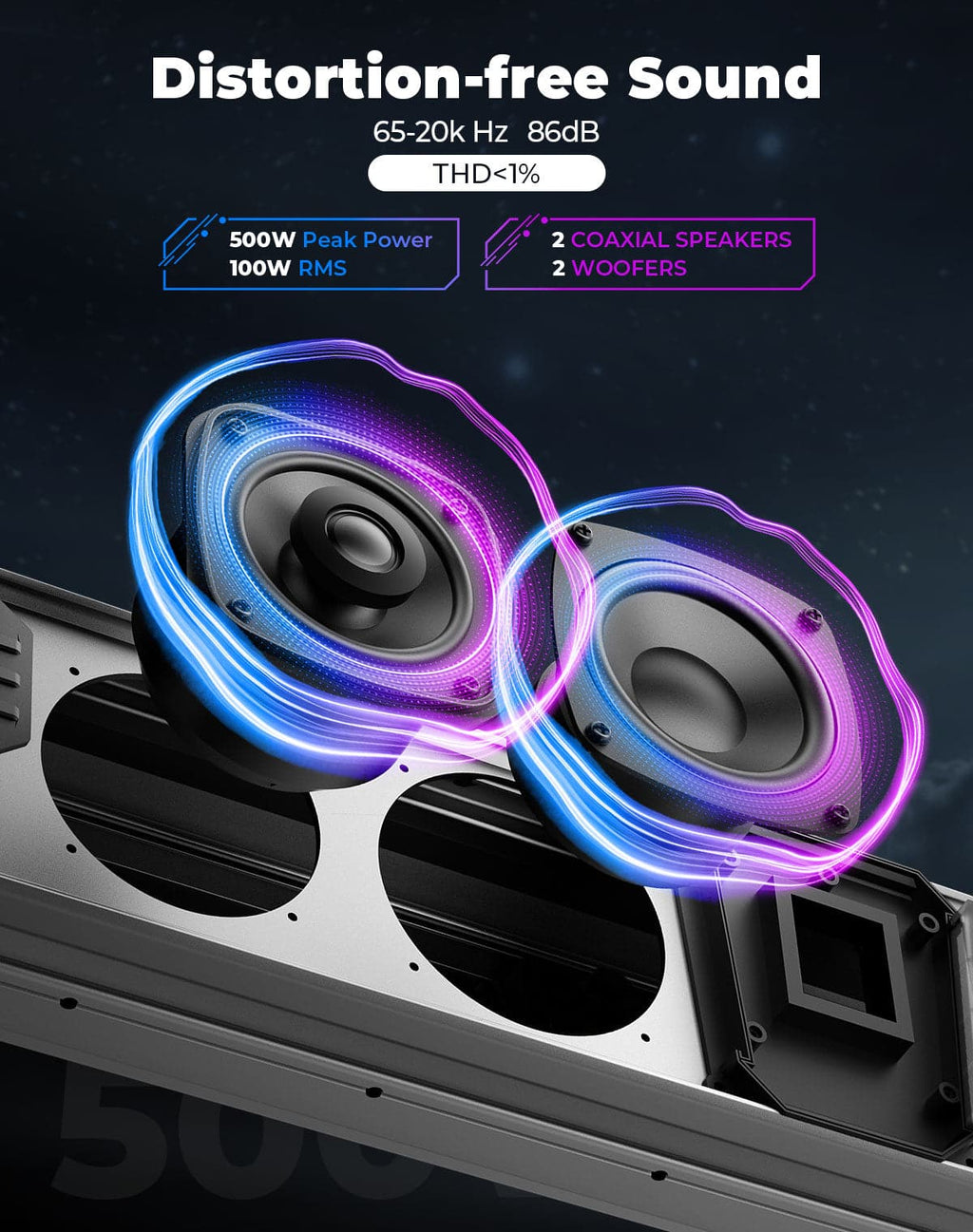 KEMIMOTO Midnight SL60 Gen1.5 Metal 26" RGB UTV Sound Bar for Can-am Golf Cart Marine 1"-2" Roll Bar