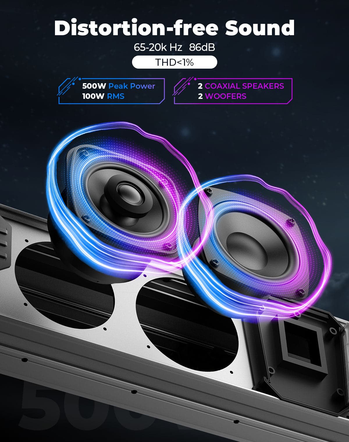 KEMIMOTO Midnight SL60 Gen1.5 Metal 26" RGB UTV Sound Bar for Can-am Golf Cart Marine 1"-2" Roll Bar