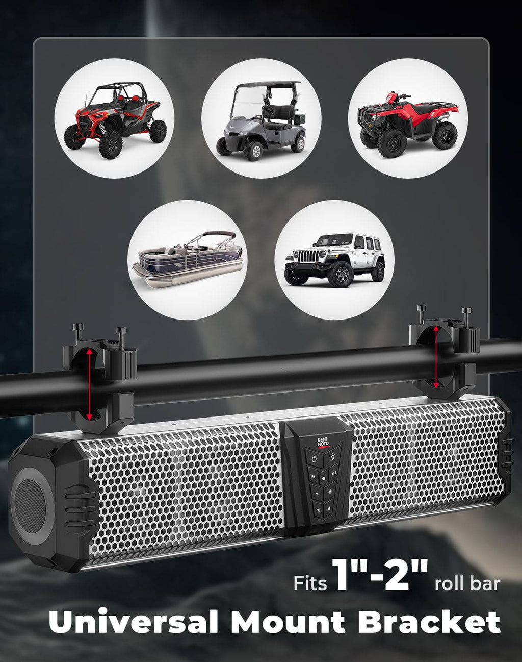 KEMIMOTO Midnight SL60 Gen1.5 Metal 26" RGB UTV Sound Bar for Can-am Golf Cart Marine 1"-2" Roll Bar