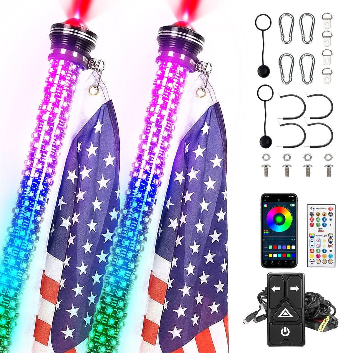 UTV/ATV Universal 2-in-1 2PCS 2FT RGB Whipless LED Whip Lights