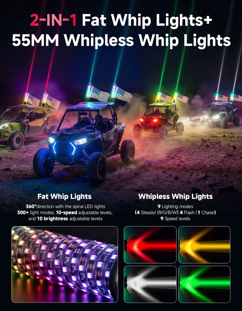UTV/ATV Universal 2-in-1 2PCS 2FT RGB Whipless LED Whip Lights