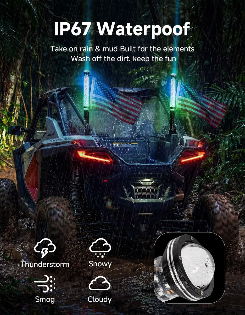 UTV/ATV Universal 2-in-1 2PCS 2FT RGB Whipless LED Whip Lights