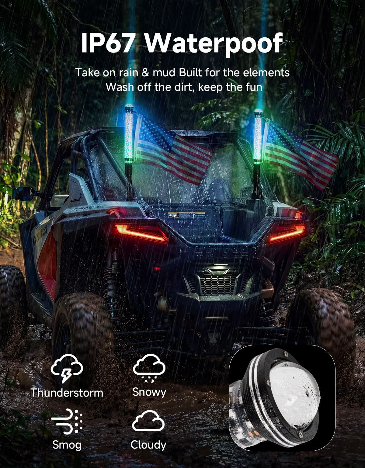 UTV/ATV Universal 2-in-1 2PCS 2FT RGB Whipless LED Whip Lights