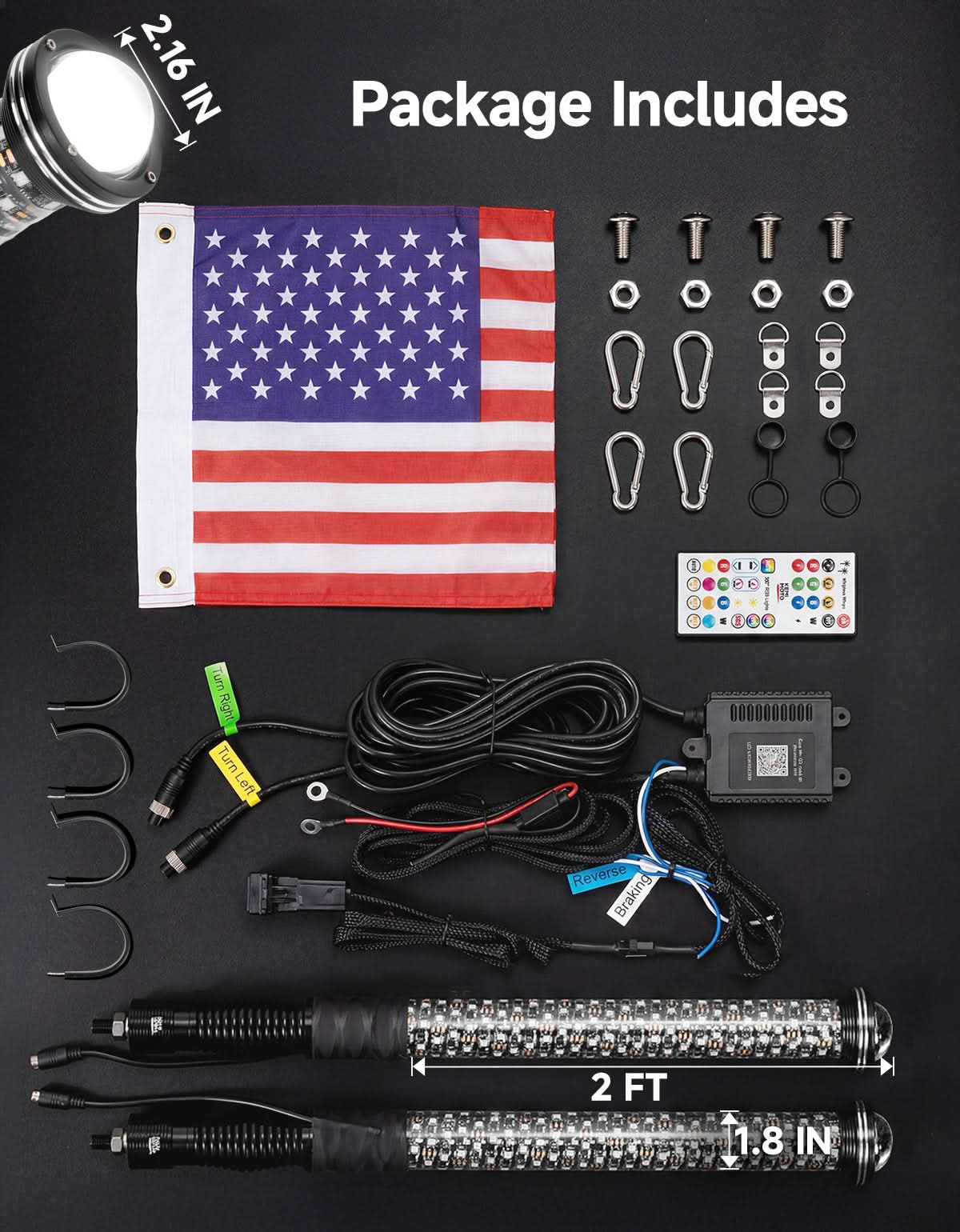 UTV/ATV Universal 2-in-1 2PCS 2FT RGB Whipless LED Whip Lights