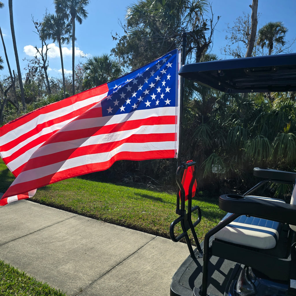 Icon Golf Cart Flag Pole Mount- Quickly Attaches to Round Bar - Pole and Mounts Included!!!