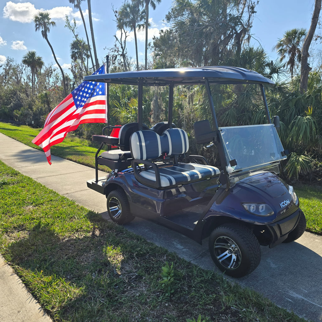 Icon Golf Cart Flag Pole Mount- Quickly Attaches to Round Bar - Pole and Mounts Included!!!