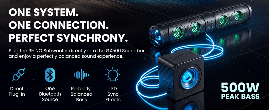 The Rhino Audio Bundle - GX500 SOUNDBAR , SUBWOOFER, & STEERING REMOTE