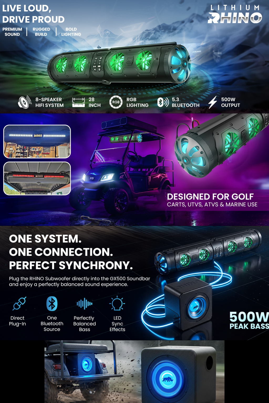 The Rhino Audio Bundle - GX500 SOUNDBAR , SUBWOOFER, & STEERING REMOTE