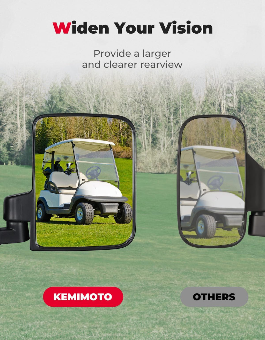 No-Drill Golf Cart Side Mirrors for EZGO, Club Car, Drive2, ICON