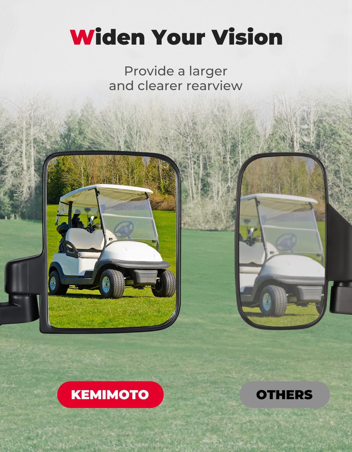 No-Drill Golf Cart Side Mirrors for EZGO, Club Car, Drive2, ICON